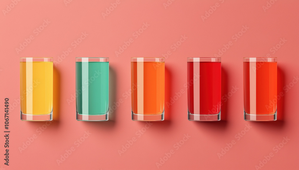 Poster Five colorful drinks arranged in glasses on a coral background create a vibrant and refreshing visual appeal.