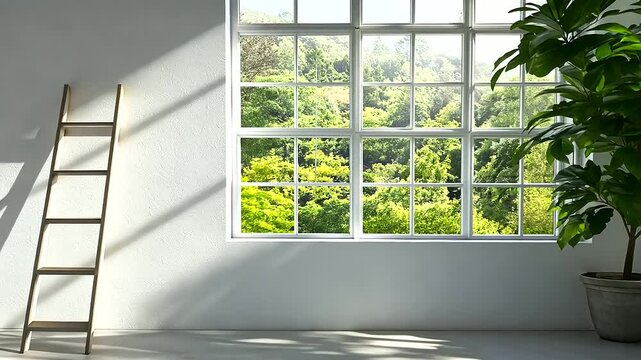 A newly renovated room with spotless white walls, bright natural light from large windows, and a step ladder and paint supplies left behind, creating a feeling of fresh beginnings.