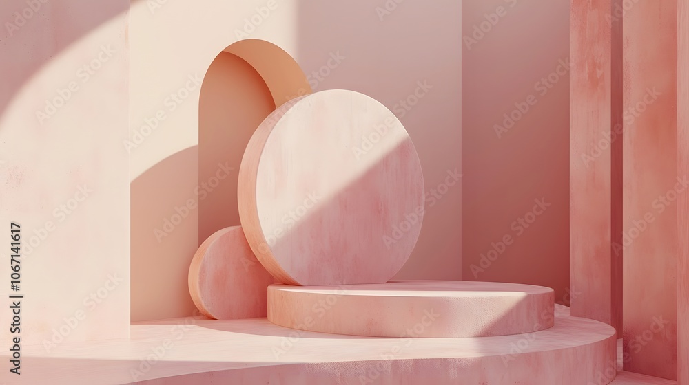 Poster render a birdseye view of a minimalistic podium adorned with abstract gipsum shapes ai generated ill