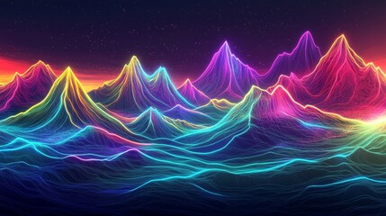 Discover the enchanting beauty of colorful mountains illuminating the night sky with vibrant neon hues