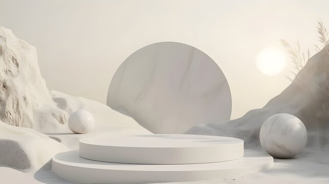 Render a birdseye view of a minimalistic podium adorned with abstract gipsum shapes AI generated illustration