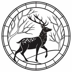 Stained Glass Christmas Deer round sing Black silhouette