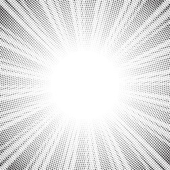 Halftone gradient sun rays pattern. abstract halftone vector dots background. monochrome dots pattern. pop art, comic small dots. star rays halftone poster. shine, explosion. sunrise rays background.