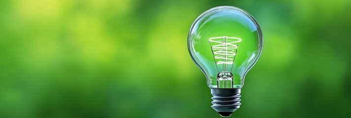 Glowing light bulb, green blurred background.