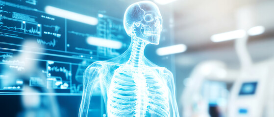 3D skeleton in a high-tech diagnostic room, holographic overlays showing bone density and fracture diagnostics