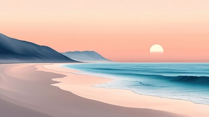 Serene beach at sunset with gentle waves, soft pastel colors in the sky.