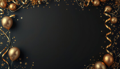 Golden balloons and decorations on black background create festive atmosphere for celebrations. Perfect for New Year or party themes