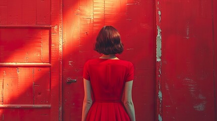 Woman in Red Dress Standing in Front of Red Door
