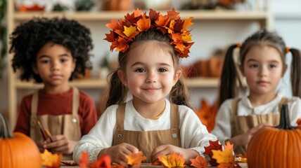 Fototapeta premium Three children celebrate fall, adorned with autumn leaves and surrounded by pumpkins, creating a warm and festive atmosphere.