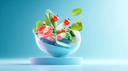 Fresh salad with lettuce, tomato, and herbs in a glass bowl on a pastel background.