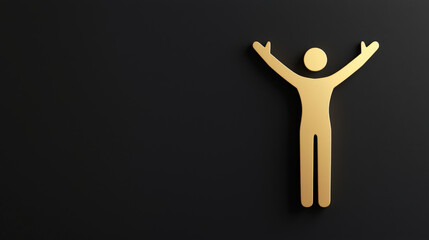 Golden figure with raised arms symbolizes positivity and joy against dark background, radiating sense of freedom and happiness
