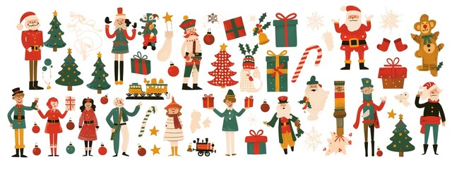 Christmas-Themed Stickers Set &ndash; Nutcrackers, Presents, Santa, Toy Trains, Gummy Bears, Candy Canes, Trees & Garlands &ndash; Cute Illustrations in Flat Design with Ribbons and Bright Colors
