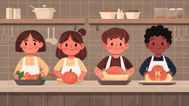 Four children are engaged in cooking, surrounded by fresh ingredients in a cozy kitchen, promoting teamwork and creativity in the culinary arts.