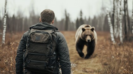 A person stands in the wilderness, facing a large bear approaching along a path, surrounded by trees and a natural landscape.