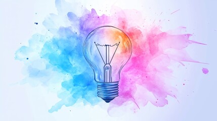 A colorful watercolor illustration of a light bulb with vibrant splashes in blue and pink.