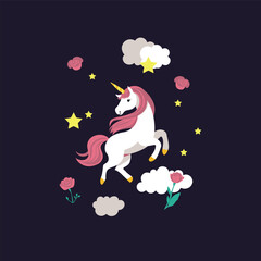 Flat style unicorn among clouds, stars and roses.Children's fantasy book cover. A fairy tale creature. Magic and enchantment. Children's dreams. Fairy tales and stories.