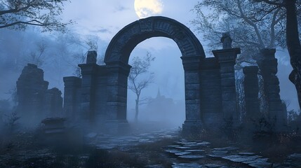 A moonlit, ancient stone gate with an arched entrance leads to the ruins of old temples in the foggy weather, rendered in Unreal Engine for fantasy game design