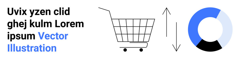 Shopping cart, bidirectional arrows, and pie chart in monochrome with blue segments. Ideal for e-commerce, sales tracking, analytics, data visualization, marketing strategies, customer behavior