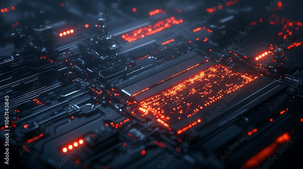 Poster A close-up view of a high-tech circuit board illuminated with glowing orange and blue lights, showcasing intricate electronic pathways.