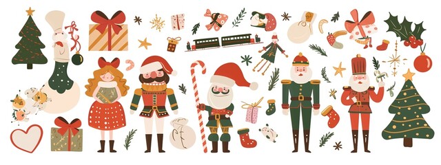 Christmas-Themed Stickers Set &ndash; Nutcrackers, Presents, Santa, Toy Trains, Gummy Bears, Candy Canes, Trees & Garlands &ndash; Cute Illustrations in Flat Design with Ribbons and Bright Colors
