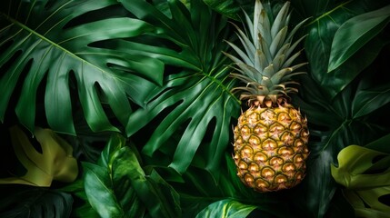 Fototapeta premium Green background with palm leaves and pineapple 