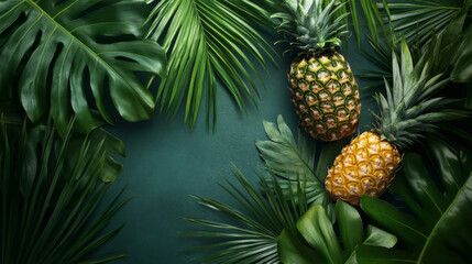 Obraz premium Green background with palm leaves and pineapple 