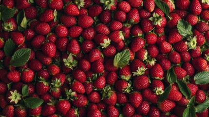 A densely packed spread of ripe strawberries, filling the entire frame with vibrant red fruit and tiny green leaves.
