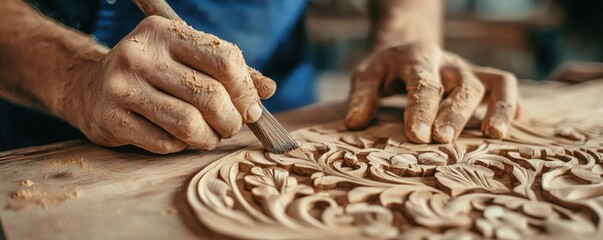 Craftsman carving details into a wooden chair, precise woodworking, 3D illustrationcloses up