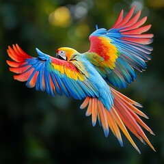 Obraz premium Scarlet Macaw in Flight Vibrant Tropical Bird Wings Spread