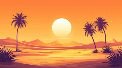 Desert landscape with palm trees and a vibrant sunset, conveying tranquility and beauty.