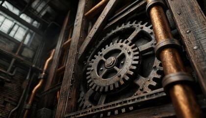 Obraz premium A beautifully crafted wooden house under construction with a steampunk twist, brass pipes and gears intertwined with wooden beams, dark shadows, concept art.closes up
