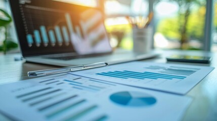 Fototapeta premium Business Charts and Graphs on Desk with Laptop in Office