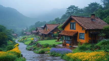 Fototapeta premium A picturesque village nestled in a misty valley, with charming houses and lush gardens, showcasing a tranquil and idyllic atmosphere.