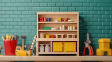 Carpenter assembling a wooden bookshelf, tools on workbench, 3D illustration