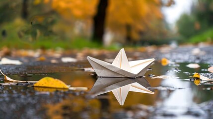 Paper boat floating on puddle amidst autumn leaves in tranquil park setting