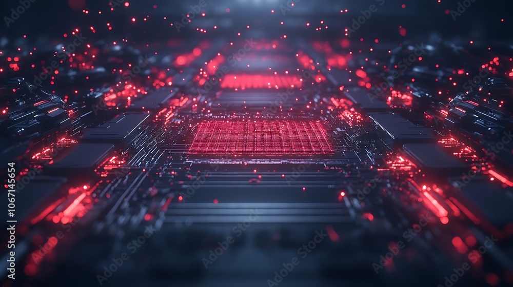 Poster A futuristic, abstract design featuring glowing red lights interconnected in a high-tech, digital landscape.