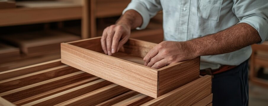 Carpenter fitting joints on a custom bookshelf, intricate woodworking, 3D illustrationcloses up