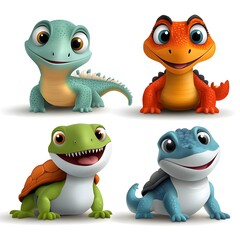 Delightful collection of playful and vibrant cartoon reptile characters including a chameleon  snake  turtle  and lizard  all depicted with bright  eye catching colors and friendly  expressive faces