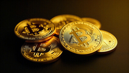 a pile of gold bitcoins on a black surface