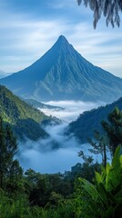 Fototapeta premium Majestic Volcano Peak Rising Above Misty Valley Landscape
