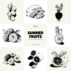 Abstract fruits vector black ink . Modern trendyи minimal style. Exotic Healthy Food. Hand drawn design for wallpaper, wall decor, print, postcard, cover, template, banner.