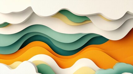 Colorful layered wave patterns in paper cut style, white isolated background.
