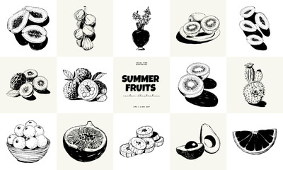 Abstract fruits vector black ink . Modern trendyи minimal style. Exotic Healthy Food. Hand drawn design for wallpaper, wall decor, print, postcard, cover, template, banner.