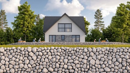 Masonry workers building stone wall, modern house in background, 3D illustration