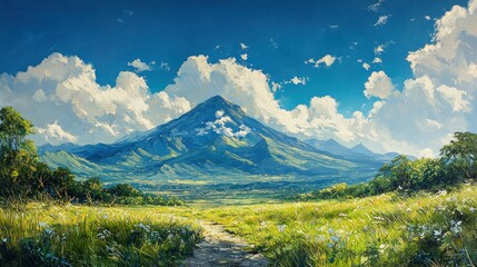 Fototapeta premium A Mountainous Landscape Under a Blue Sky with Fluffy Clouds