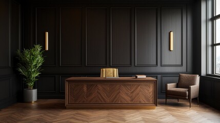 A luxurious office interior with dark wood paneling, gold accents, and a grand wooden desk being handcrafted, art nouveau style, moody lighting, rich textures, 3D rendering