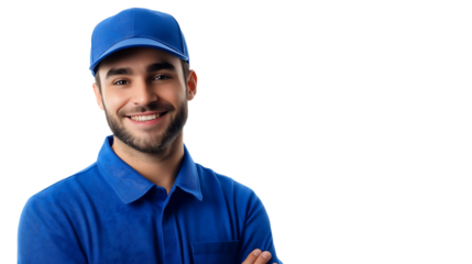 a young smiley male courier in a blue uniform on a white background


