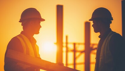 Carpenters assembling wooden beams under a vibrant sunset, rustic style, soft golden light, watercolor, intricate textures on wood, nature surrounding the scene.closes up