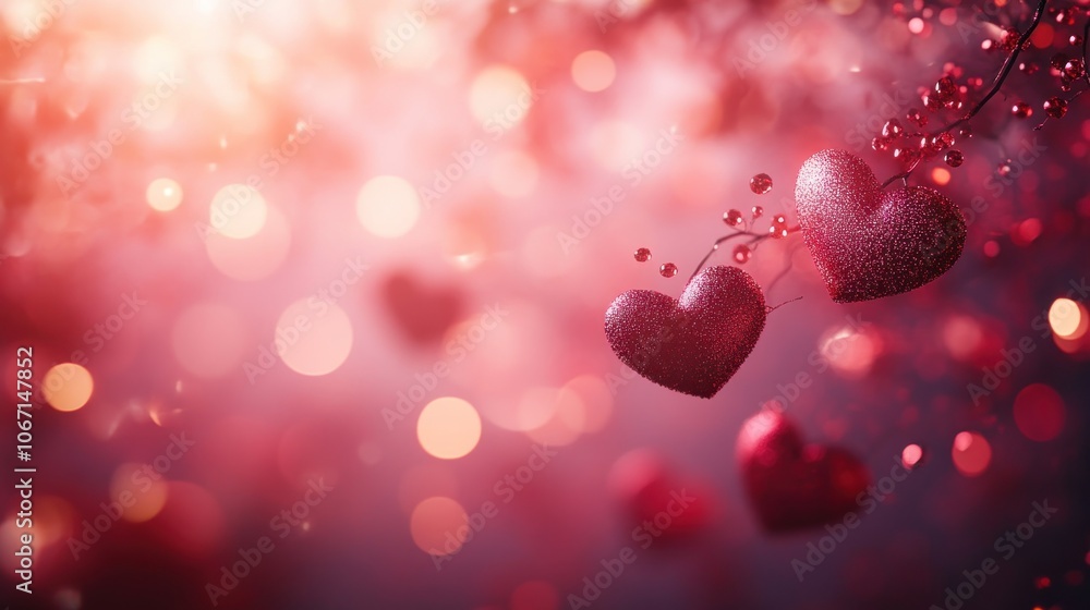 Poster two red glitter hearts hanging from branch with bokeh background