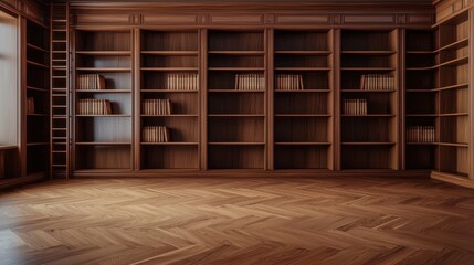 A built-in wooden library with floor-to-ceiling shelves and a ladder, hand-carved details, soft ambient light, rich mahogany tones, classical elegance, oil painting style.